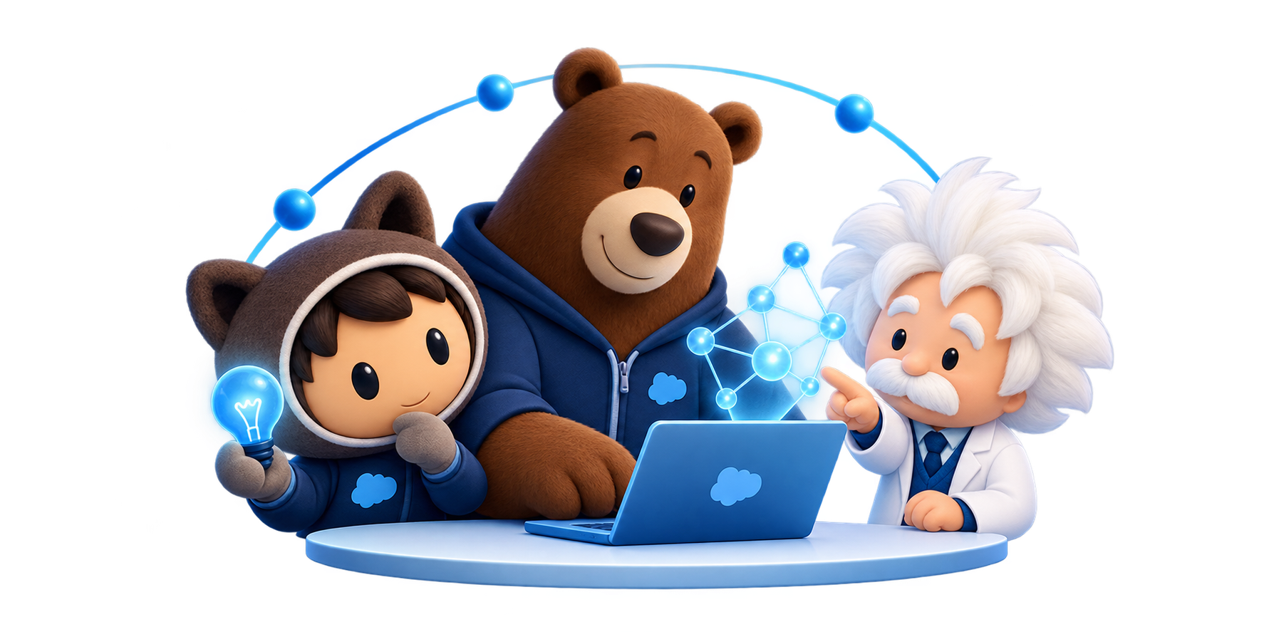 Astro, Codey and Einstein working at a laptop